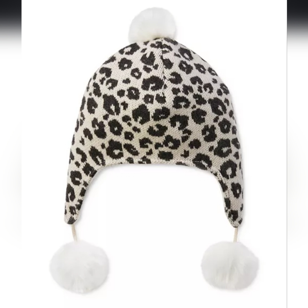 Leopard Print Kids Winter Hat with Pom Poms
